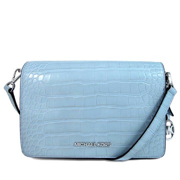 MICHAEL KORS MERCER 銀字LOGO淺藍色鱷魚紋皮革掀蓋斜背包