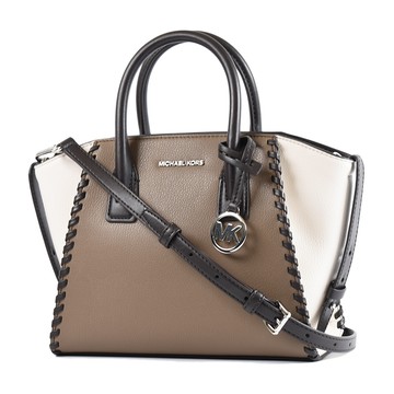 MICHAEL KORS Avril 皮革繞邊拚色手提/斜背二用包-褐/白/小