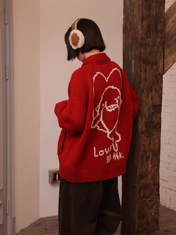 odd maker紅色愛心針織開衫外套女提花寬松休閒小個子寬松上衣