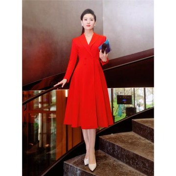 高端紅色西裝裙藝考播音朗誦演講連衣裙氣質新聞主持人正裝禮服女