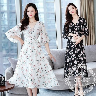 ワンピース レディース 夏 ワンピ 花柄 白 黒 Vネック パーティー ドレス お呼ばれ 通販 Lineポイント最大get Lineショッピング