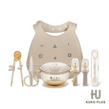 酷咕鴨 KUKU PLUS PPSU寶寶學習餐具全配組(吸盤碗/雙頭果泥湯匙/湯叉組/學習筷/矽膠圍兜/食物剪)