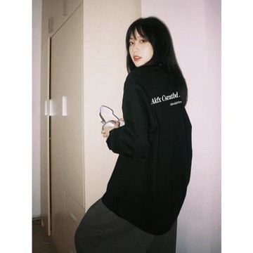 黑色純棉長袖t恤女春秋季2025新款oversize美式寬松字母圓領上衣