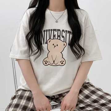 已售9642件💖Vuja de 純棉 t恤 短袖上衣女小熊印花 T恤 韓國上衣 oversize T恤 潮流衣服 寬鬆