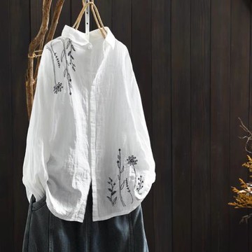 棉麻襯衫女長袖春秋2025新款寬松大碼設計感小眾刺繡休閑襯衣上衣