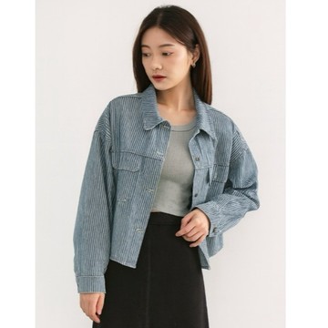 AT女裝 正韓質感黑釦條紋牛仔襯衫