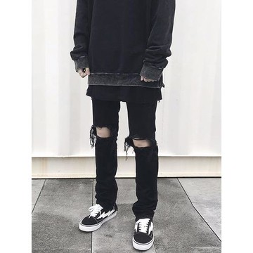 歐美FOG高街膝蓋破洞牛仔褲男士潮流復古側拉鏈修身褲乞丐小腳褲