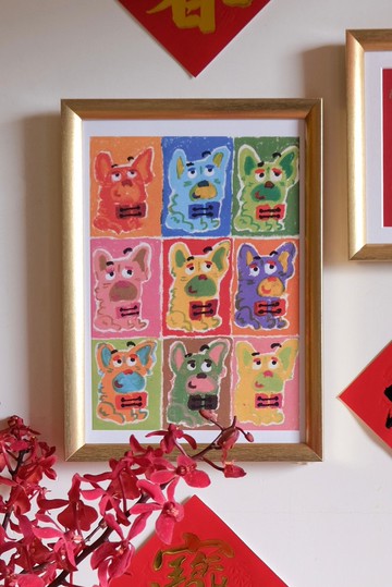 穿新衣霓虹狗掛畫 - 含畫框  - 狗狗掛畫/新年掛畫/玄關掛畫