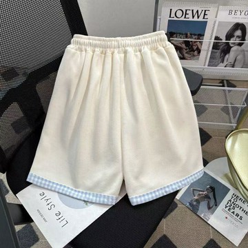 【臺灣-出貨】小狗刺繡可愛甜美休閒夏季新款百搭寬鬆中大童褲子拼接格子短褲女WRTF