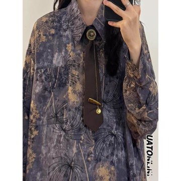 UATONLINE2025夏季美式復古新中式蒲公英印花長袖襯衫男女襯衣潮