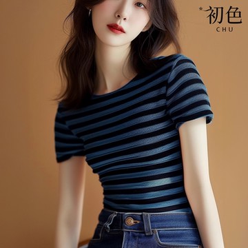 初色 簡約風針織條紋透氣修身顯瘦圓領短袖上衣女上衣-深藍色-34709(F可選/現貨+預購)