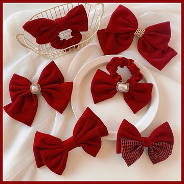 過紅色絲絨蝴蝶結發夾少女后腦勺夾子頂夾網紅發圈新發繩頭飾