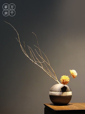 新中式陶瓷花瓶禪意擺件家居客廳博古架天然手工干花仿真花裝飾品1入
