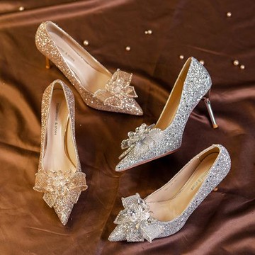 Taroko 水晶蝴蝶結亮片女款尖頭細跟高鞋(2色2種跟高可選)