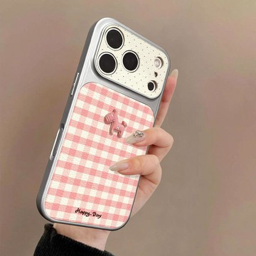 粉色格子適用蘋果17promax手機殼新款小羊皮立體小馬iphone16pro