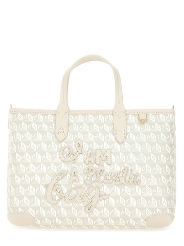 anya hindmarch xs tote bag with "i am a plastic bag" pattern