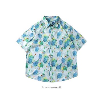 From Mars 日系街頭葉子滿印襯衫潮牌寬松bf翻領情侶街頭短袖襯衣