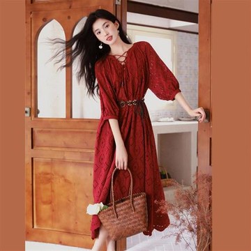 【米蘭精品】長洋裝七分袖連身裙-綁帶蕾絲鏤空棉質女裙子74kh15