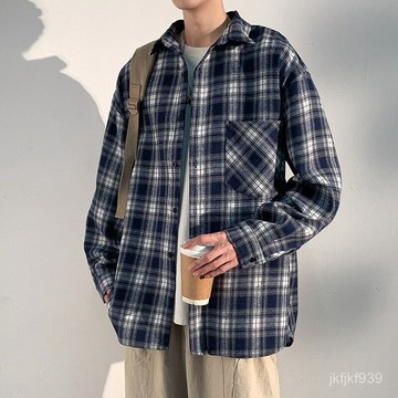 襯衫 韓係襯衫 長袖襯衫 休閒襯衫 男生襯衫 長版襯衫 格子襯衫春秋薄款男士美式潮牌複古長袖寬鬆襯衣百搭小衆休閒外套