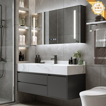 【巖板一體】浴室櫃組合 洗手檯 洗漱臺 洗臉池 鏡櫃 衛浴櫃 現代簡約設計 陶瓷盆 多層收納 衛生間乾溼區通用