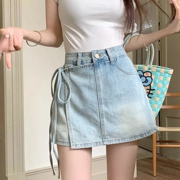 港式復古不規則綁帶牛仔短裙褲女2025夏季新款百搭高腰顯瘦短裙子
