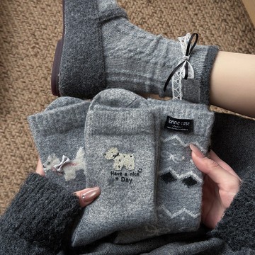 襪子女韓版卡通小狗蝴蝶結灰色系羊毛襪子百搭保暖加厚中筒襪