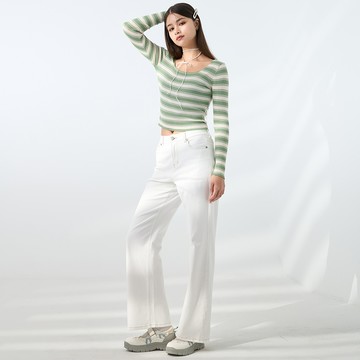 復古撞色條紋長袖針織上衣(深綠)-女