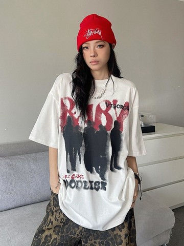 美式女生上衣模糊印花短袖t卹夏季百搭上衣慵懶風 男短袖 oversize寬鬆 韓版短T 圓領半袖 上衣女復古