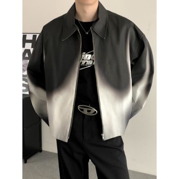 漸變色外套男秋季潮流高級感痞帥炸街夾克美式高街大碼休閑上衣服