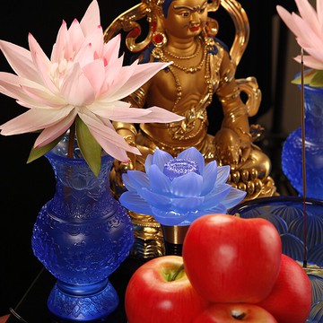 佛堂七寶琉璃供具擺件藥師佛藍色琉璃香爐蓮花燈花瓶供盤水杯燭臺