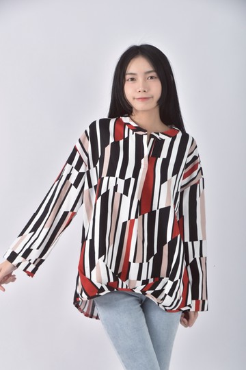 (XL) 拼色黑色長袖上衣