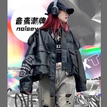 歐貨潮牌刺繡皮衣女款2025新款酷颯風立領短款美式機車夾克衫外套