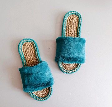 女式家居鞋 绿宝石色拖鞋 仿毛钩织拖鞋 圣诞礼物