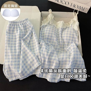 Xuan♥睡衣女藍色格子家居服夏季帶胸墊甜美蕾絲花邊吊帶休閒可外穿套裝