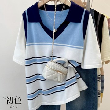 初色 休閒運動風透氣寬鬆條紋假兩件撞色短袖V領T恤上衣女上衣-共2色-12047(F可選)
