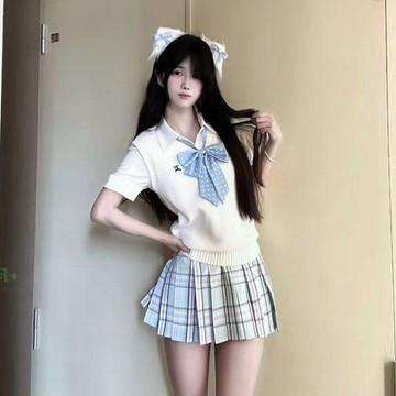 JK制服原創套裝V領針織衫刺繡背心馬甲基礎款疊穿襯衫百搭化水裙