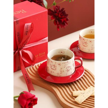 藍蓮花家居玫瑰紅杯碟禮盒套裝訂婚禮物情侶對杯新婚杯子送閨蜜