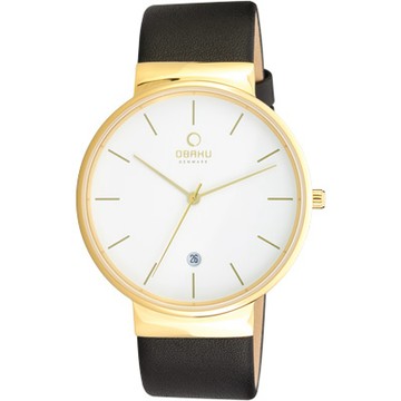 OBAKU 純粹經典三針日期時尚腕錶-黑帶金框白-皮帶-V153GGWRB-40mm
