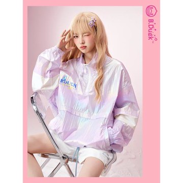 (免運)B.Duck小黃鴨夏季新款寬松立領外套時髦炫彩抽繩上衣遮陽衫