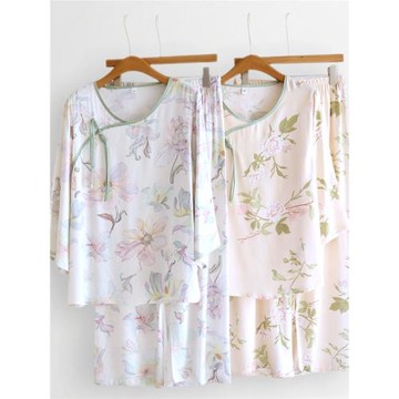 40支人棉貢緞印花國風睡衣女士春夏季薄款人造棉復古肥家居服套裝