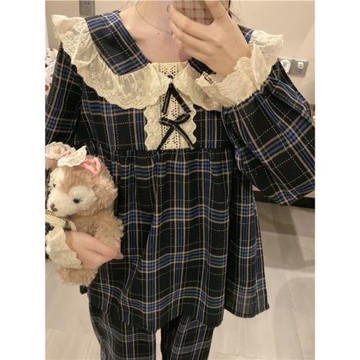 shinely夏莉復古格紋娃娃領蕾絲花邊家居服套裝ins可愛睡衣女秋冬