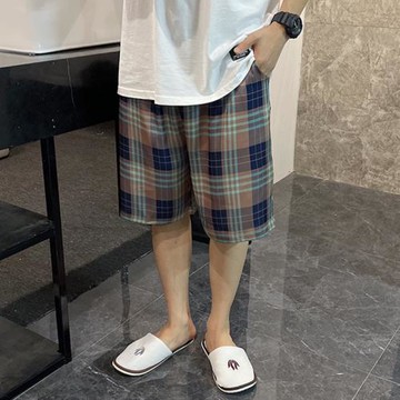 男士睡褲夏季冰絲短褲大褲衩夏天棕格大碼加肥薄款寬松棉綢居家褲