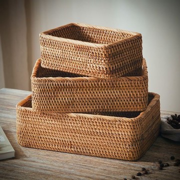 【嚴選優質】網紅手工天然藤編收納筐桌面收納食品級耐用置物籃長方形大容量筐
