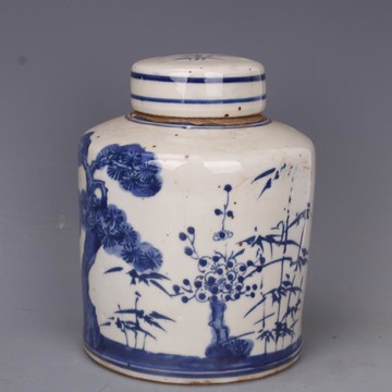 清光緒青花松竹梅紋茶葉罐仿古老貨瓷器家居中式擺件古董古玩收藏1入