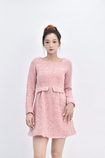(S) 長袖粗花毛呢粉色洋裝