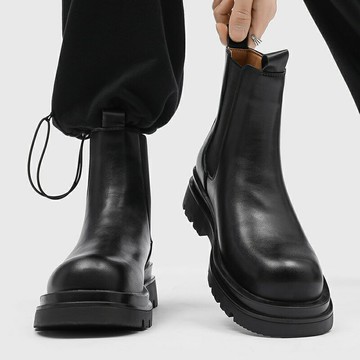 男士切爾西短靴 切爾西靴男秋冬套腳馬丁靴新款百搭高幫煙筒機車增高英倫男士短靴