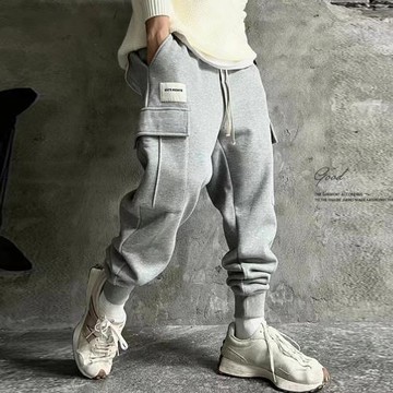 男運動褲束腳工裝長褲子哈倫加肥胖大碼休閑衛褲春秋冬加絨高級感