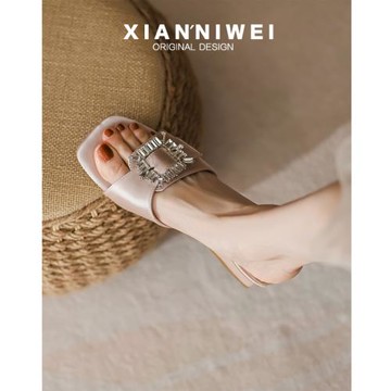 水鉆一字拖女外穿2025年春季新款時尚法式粗跟高跟涼拖鞋ins潮夏