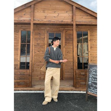 Holocene美式潮牌立體肌理感小V領套頭毛衣男純色簡約寬松針織衫