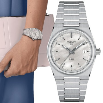 TISSOT天梭 PRX系列 簡約復古石英腕錶-珍珠貝 35mm / T1372101111100